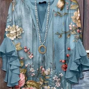 Elegant Floral Ruffle Sleeve Blouse in Blue